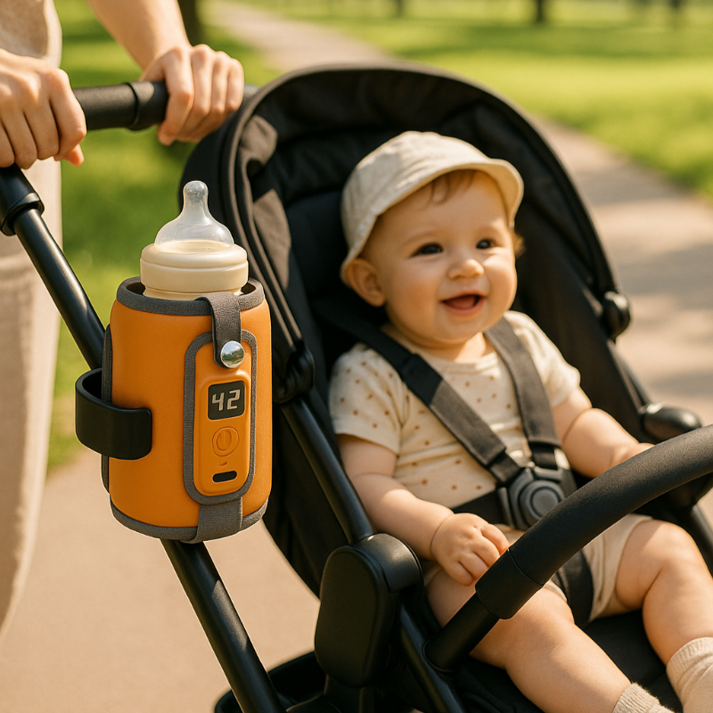 balade maman bebe avec chauffe-biberon nomade