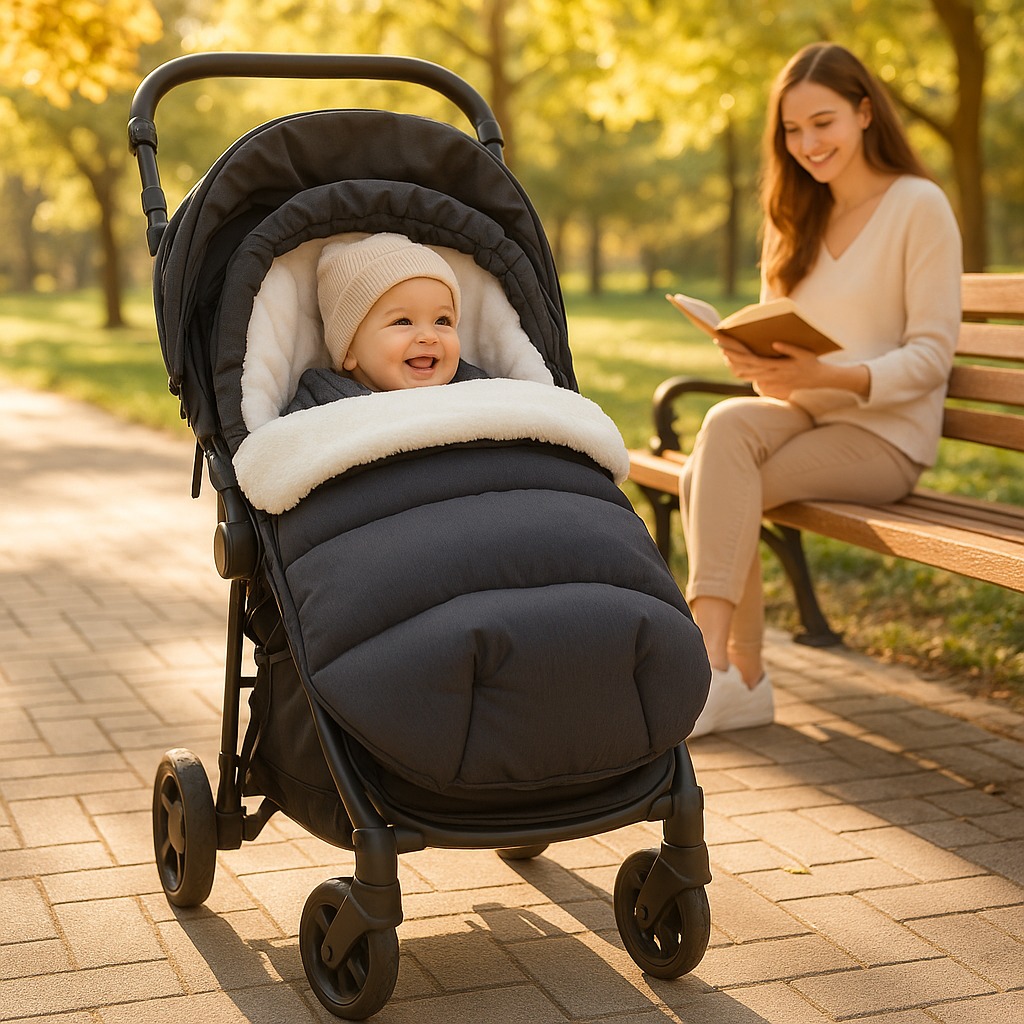 bebe au chaud au parc dans chancelière bébé