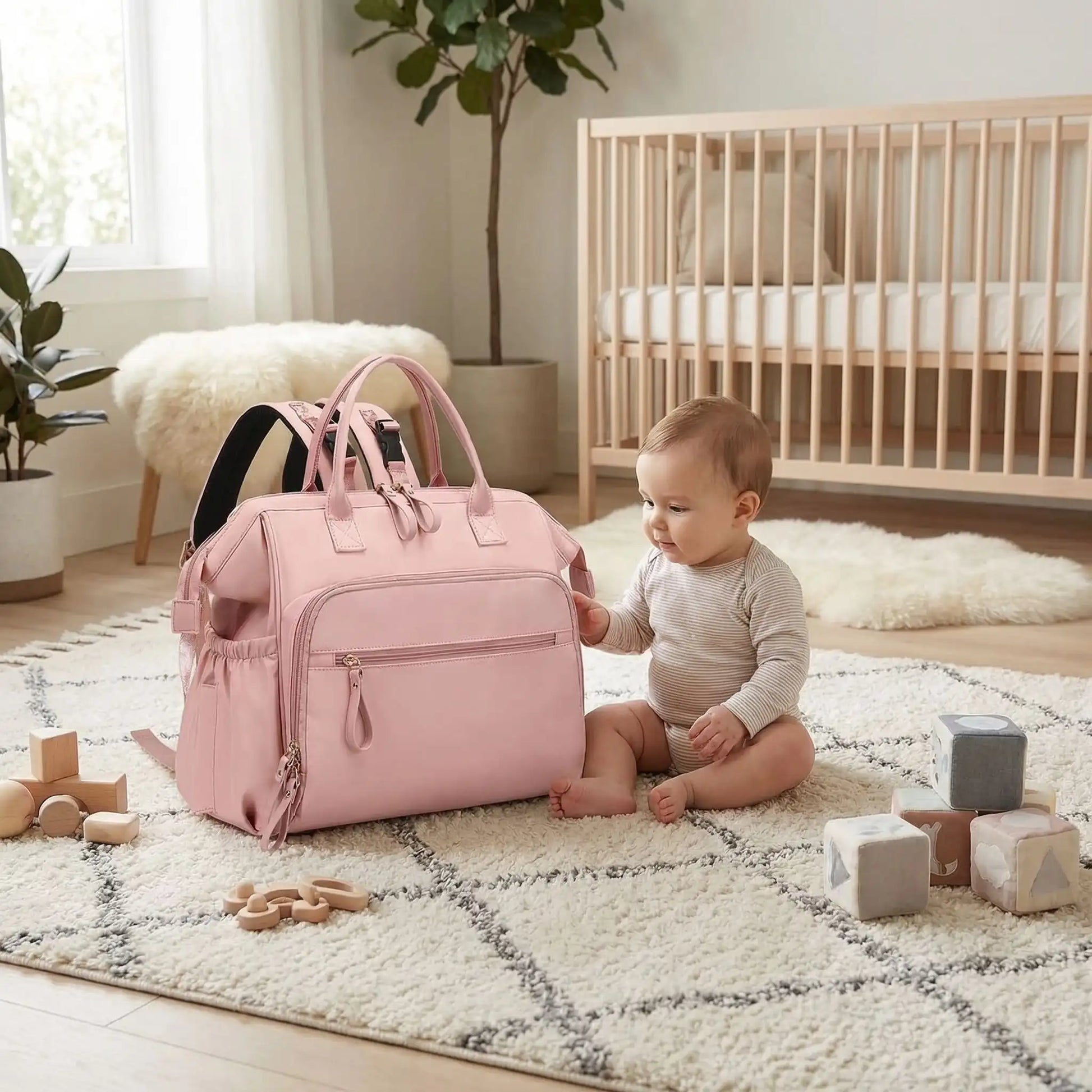 bebe-regarde-sac-à-langer-sac-à-dos-pose-pret-de-lui