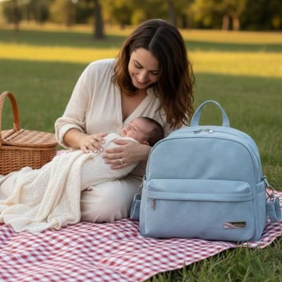 maman et bebe détendue au parc avec Sac a langer a dos 