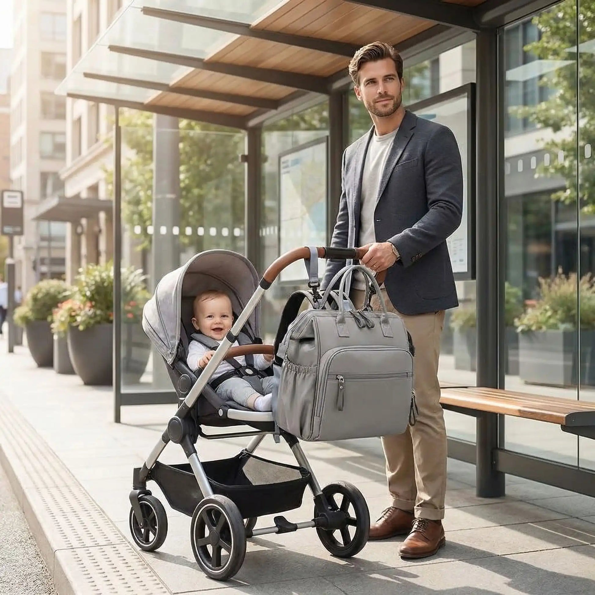 papa-mains-libres-avec-sac-à-langer-sac-à-dos-accrochet-sur-poussette