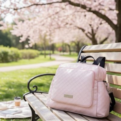 Sac a langer bebe poser sur un banc de parc